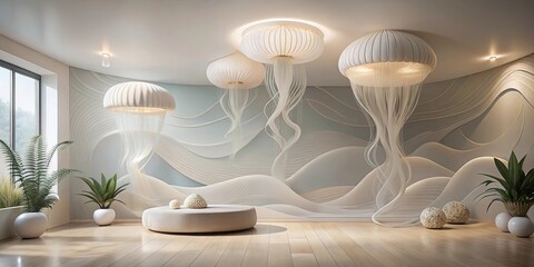 Wall Mural - Serene Interior Design with Elegant Jellyfish Pendant Lights and Organic Wall Art