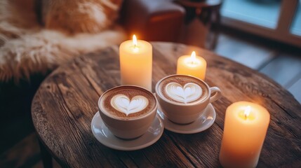 Wall Mural - Two coffee cups with heart-shaped latte art placed on a cozy table with candles