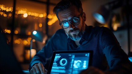 Man Working Late on a Tablet Displaying Data