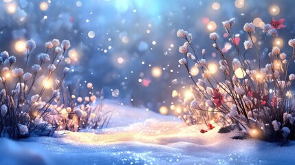 Winter bokeh background featuring soft lights and snowy holiday decor