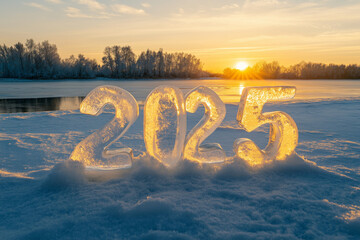 Wall Mural - the numbers 2025 made of ice stand on the snow on a winter evening