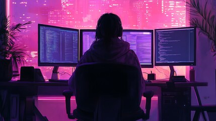Woman coder at night, working on triple monitor setup with city view.