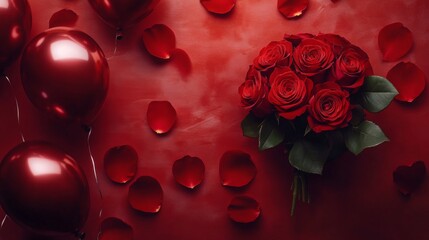 Poster - A bouquet of deep red roses with scattered petals and glossy balloons sets a romantic mood, perfect for celebrating love on anniversaries or Valentine's Day.