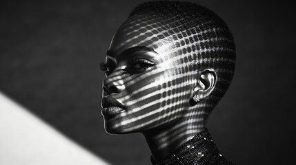 Wall Mural - Black and white portrait of a woman with geometric light patterns on her face.