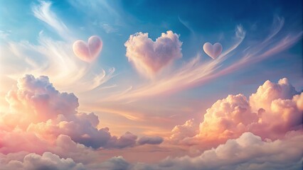 Poster - Heart-shaped clouds drift in a vibrant sunset sky, creating a dreamy and romantic atmosphere