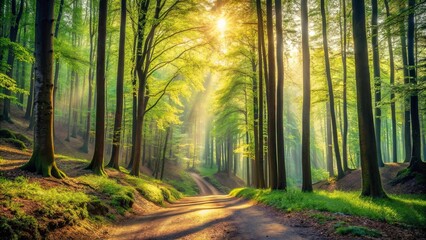 Sticker - Sunlit Path Through a Verdant Forest with Golden Light Beams