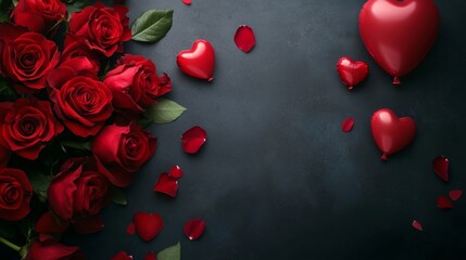 Poster - A stunning display of vibrant red roses surrounds heart-shaped decorations on a dark background.
