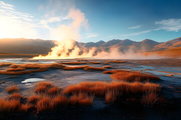 Wall Mural - Morning light on geothermal fields, El Tatio Geyser, San Pedro De Atacama, Chile
