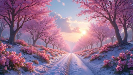 Wall Mural - A beautiful scene of a snow-covered road with pink flowers