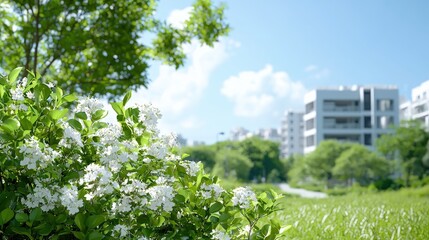 Wall Mural - White flowers blooming in a lush green park with apartment buildings in the background on a sunny day.