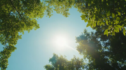 Wall Mural - sunlight streaming through the treetops in a vibrant forest under a clear blue sky