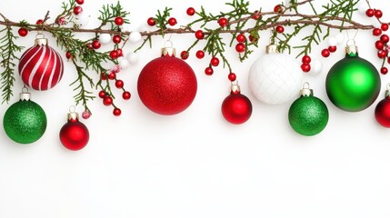 Wall Mural - Christmas border of red green and white ornaments and branches isolated on a white background frame christmas isolated