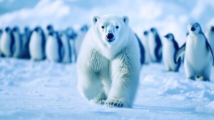 Wall Mural - majestic polar bear walking towards camera, penguins in background, arctic scene.