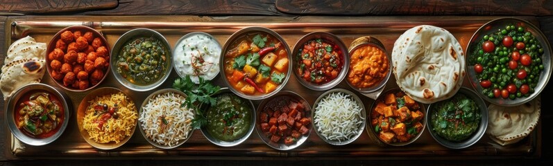 Canvas Print - Many bowls of food that are on a tray, indian food, food background, banner