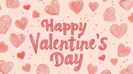 Fototapete - A festive illustration showcasing various illustrated hearts in red against a soft pink background. The cheerful text conveys a warm wish for Valentine Day, enhancing the romantic vibe.