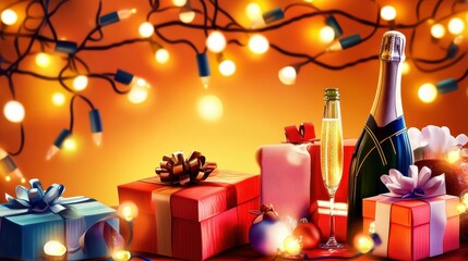 Poster - happy new year 2022 background new year holidays card with bright lights,gifts and bottle of hampagne