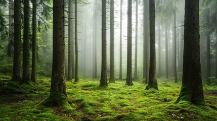 Wall Mural - Misty Forest Enchantment: A Serene Walk Through Mossy Green Woods