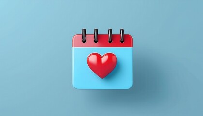 Poster - 3D Illustration of a Blue Desktop Calendar with Red Heart Icon on Minimal Blue Background, Representing Valentine's Day, Love, Romance, Relationship Planning, Special Dates, or Healthcare Awareness