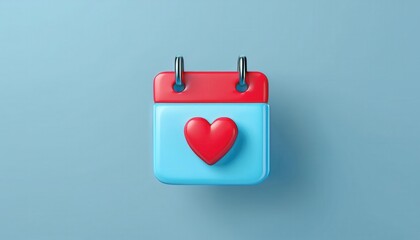 Poster - 3D Illustration of a Blue Desktop Calendar with Red Heart Icon on Minimal Blue Background, Representing Valentine's Day, Love, Romance, Relationship Planning, Special Dates, or Healthcare Awareness