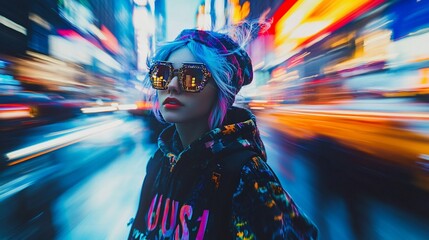 Poster - Stylish woman with blue hair in vibrant city.