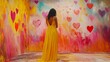 © Tamara - A woman in a yellow dress stands against a vibrant backdrop of colorful hearts, embracing love and creativity in a joyful space.