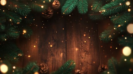 Wall Mural - christmas background with xmas tree and sparkle bokeh lights on wooden canvas background. merry chri
