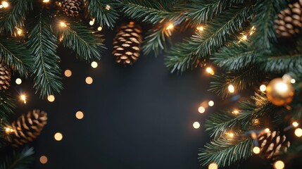 Wall Mural - Christmas border. Holiday garland isolated on background. Christmas tree branches, lights and cones. Festive banner design