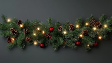 Wall Mural - Christmas border. Holiday garland isolated on background. Christmas tree branches, lights and cones. Festive banner design