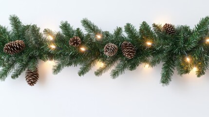 Poster - Christmas border. Holiday garland isolated on background. Christmas tree branches, lights and cones. Festive banner design