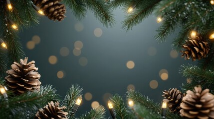 Wall Mural - Christmas border. Holiday garland isolated on background. Christmas tree branches, lights and cones. Festive banner design