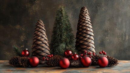 Wall Mural - Christmas postcard tamplate from the decor of painted cones and red balls, free copy space for text.