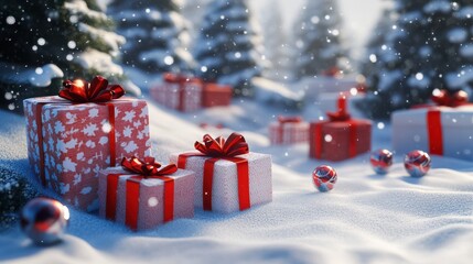 Wall Mural - Christmas presents on a snowy background