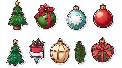 Cute doodle christmas decorations. Cute xmas stickers, handcraft toys and new year elements. Retro gift, decorative winter decent vector collection