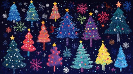 Wall Mural - doodle christmas tree card. doodle fir-trees snow season concept. winter holiday background
