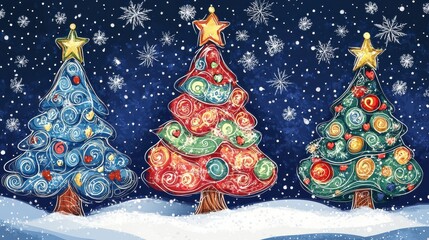 Wall Mural - doodle christmas tree card. doodle fir-trees snow season concept. winter holiday background