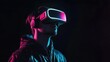 © Johannes - future technology, augmented reality and cyberspace concept - man vr glasses under white illumination with virtual screens projection over black background