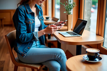 Poster - woman working on laptop in cafe