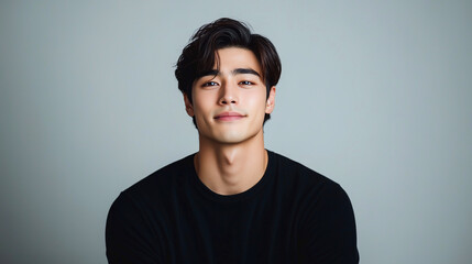 Aufkleber - 若くてかっこいいアジア人男性の笑顔のファッションポートレート。