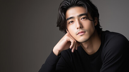 Aufkleber - かっこいいアジア人男性の笑顔の広告撮影。大人の魅力が伝わるファッションポートレート。