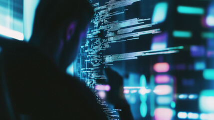 Silhouette of programmer interacting with digital code and data streams in a futuristic environment