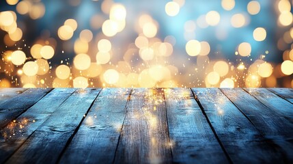 Wall Mural - holidays, new year and celebration concept - close up of empty wooden surface or table over christma