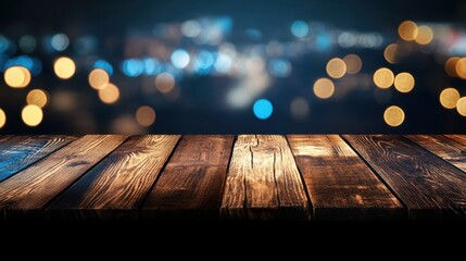 Wall Mural - holidays, new year and celebration concept - close up of empty wooden surface or table over christmas golden and blue lights background