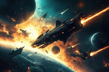 Wall Mural - Unique depictions of interstellar warfare in an otherworldly setting.