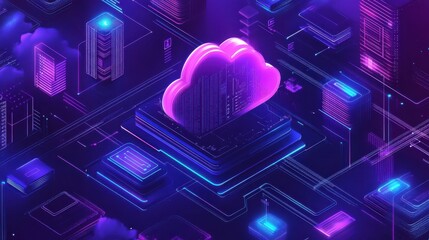 Isometric global digital technology landing page. Big data, cloud information storage, global transferring technology and remote access concept on ultraviolet background. Vector 3d illustration.