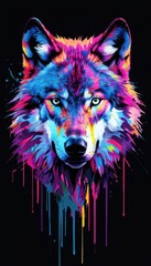 Naklejka na meble Colorful wolf head vector, paint splatter, black background, T-shirt design,Colorful wolf illustration with vibrant splashes dark background,