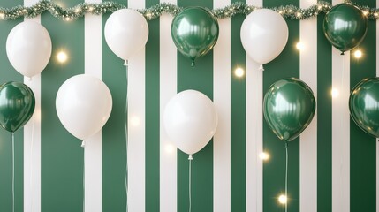 Wall Mural - merry christmas, postcard with green and white striped texture on the background, garlands and ballo