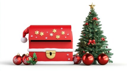 Wall Mural - red santa letterbox with christmas tree btanch and ball isolated on white background