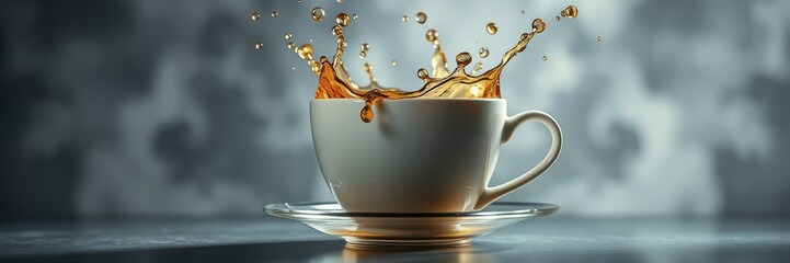 Wall Mural - Coffee cup splashes water in a creative artistic display against a blurred gray background