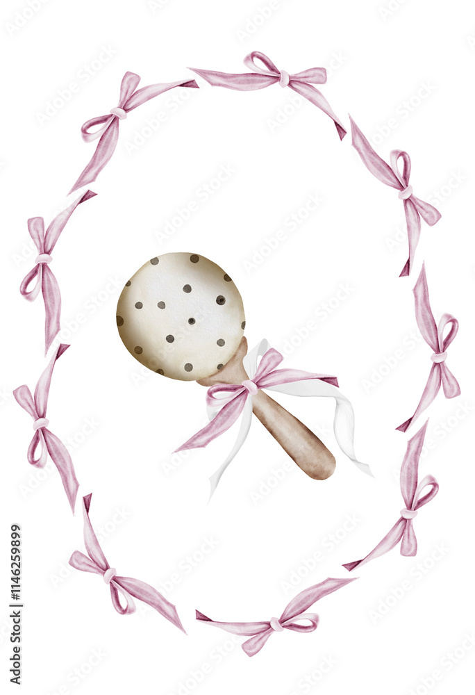 Baby rattle toy watercolor. Hand drawn baby accessory in a bow frame ...