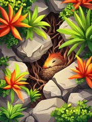 Sleeping Bird Nest Tropical Plants Rock Crevice Game Design.